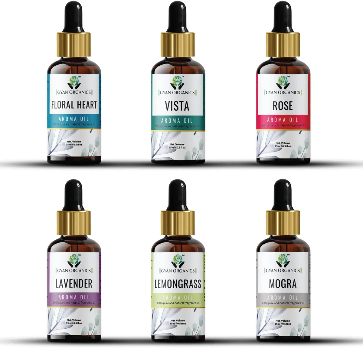 Aroma Diffuser Oil Combo Set Lavender | Lemongrass | Mogra | Vista | Floral Heart | Rose oil |  Aroma Oil Fragrance for Home Room Office & Washrooms (6 x 15 ml)