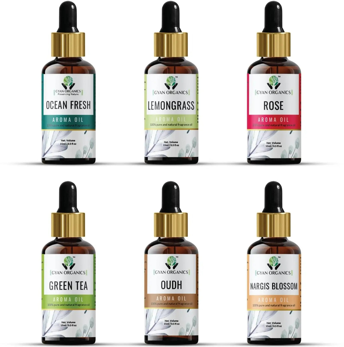 Aroma Diffuser Oil Combo Set Ocean Fresh | Black Oudh | Lemongrass | Rose | Green Tea | Nargis Blossom Aroma Oil | Aroma Diffuser Fragrance for Home Room Office & Washrooms (6 x 15 ml)